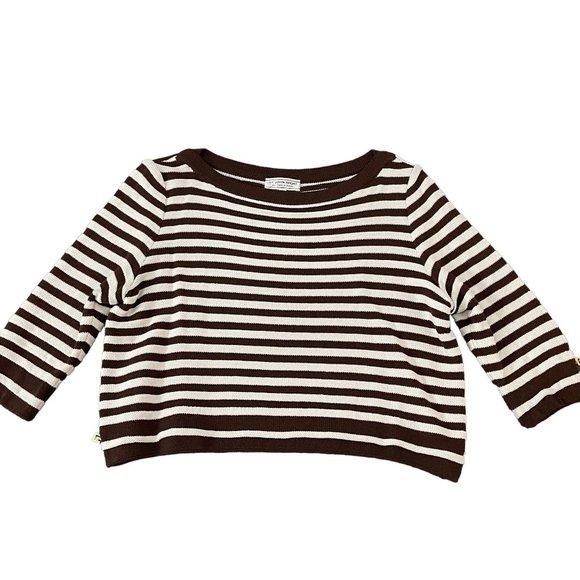 St. John Sweaters - St. John Sport By Marie Gray Brown White Stripped Cropped Knit LS Sweater, Size